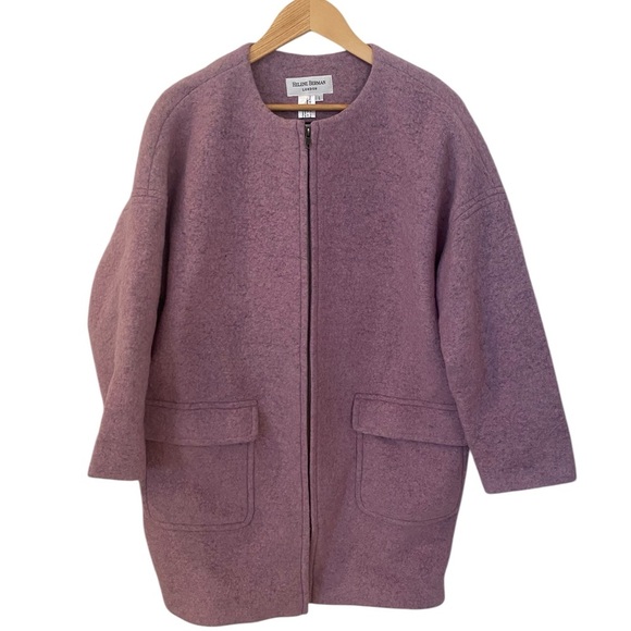 Helene Herman Womens Purple Zip Up Collarless Wool Long Coat Jacket - Picture 5 of 7